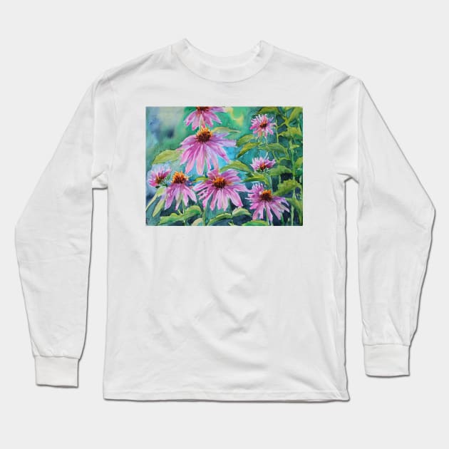 Echinacea Watercolor Painting Long Sleeve T-Shirt by SvitlanaProuty